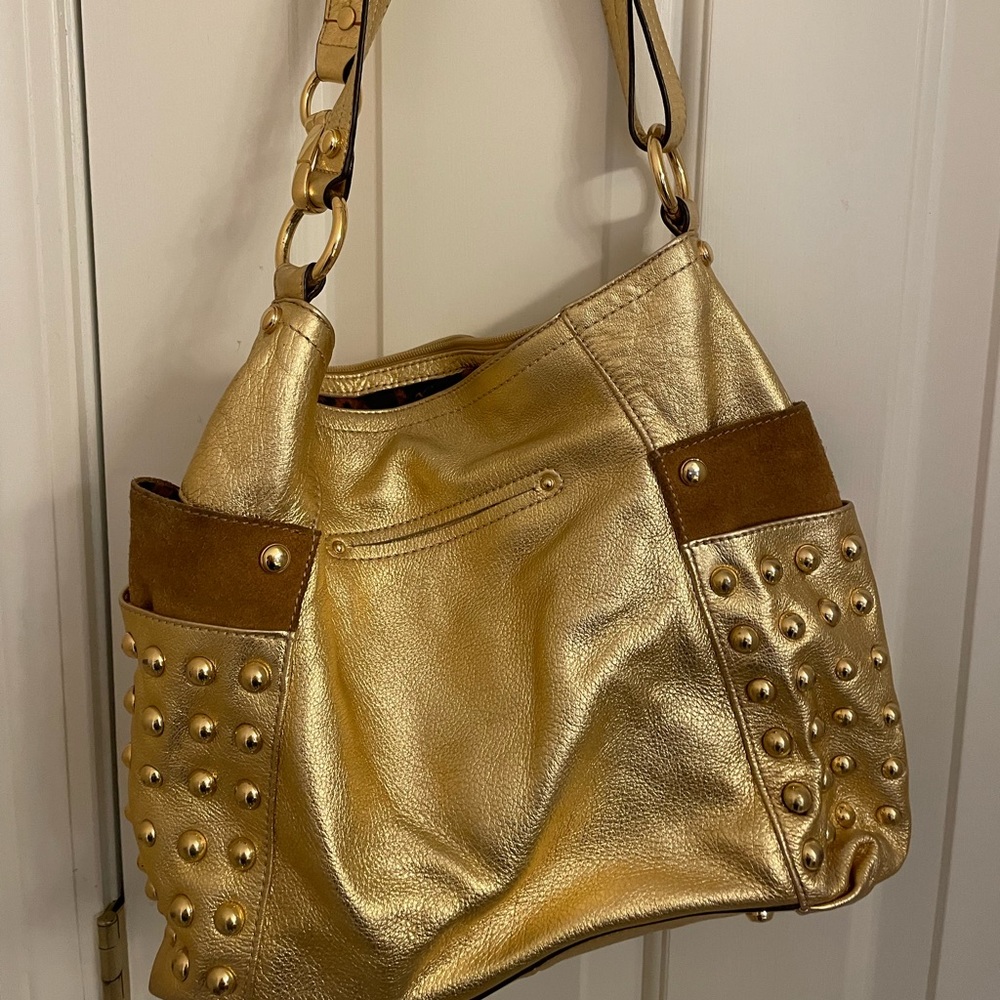 Gold B Makowsky Shoulder Bag with Animal Print interior